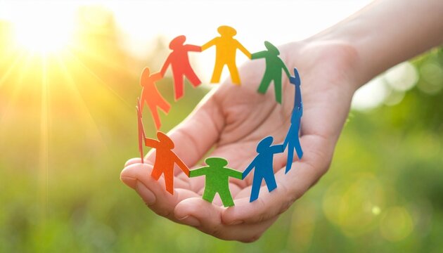 Hands protecting diverse paper chain, community care, unity, support