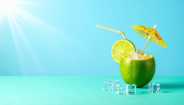 Refreshing tropical coconut drink, ice cubes, umbrella, sunlight, minimalist