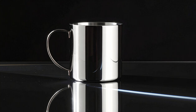 Polished Stainless Steel Mug on Reflective Surface