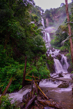 Scenic Huai Nam Yen Waterfall tropical rainforest in the rainy season in Omkoi District Chiang Mai, Thailand