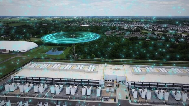 5G cell tower connecting data center with edge computing network animation, fiber infrastructure and low latency data flow
