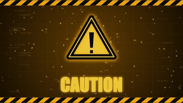 Glowing yellow caution sign with an exclamation mark and hazard stripes on a dark digital grid background featuring floating particles and alert text.