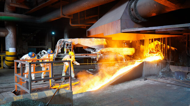 Steel plant workers operating a high-temperature blast furnace with glowing molten metal tapping stream.