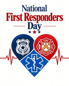 National first responders day banner with police fire and medical emergency heart shape symbols