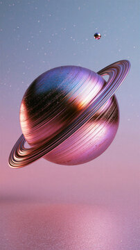 Metallic Saturn Planet with Pink and Purple Rings in Futuristic Space Concept