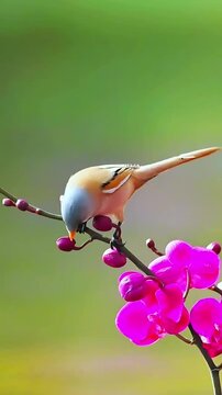 Bearded Reedling Sitting On Orchid
