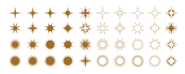Obraz premium Retro gold starburst and sparkle vector icons set featuring a collection of minimalist starry bursts, celestial sparkles, and sunburst design elements.