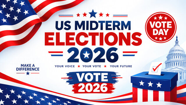 U.S. Midterm Election 2026 and Presidential Election 2028 Vote Day Patriotic Banner with American Flag &mdash; Election Campaign Design,,