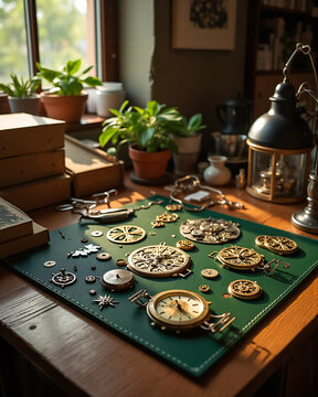 Watch repair tools on green mat clock making