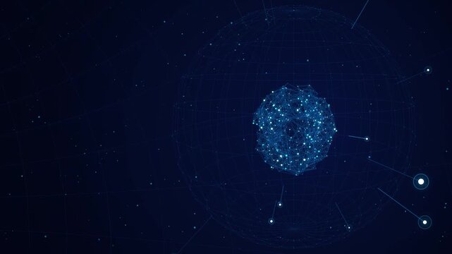 Abstract glowing blue digital brain composed of wireframe nodes and plexus connections rotating inside a futuristic virtual sphere background representing artificial intelligence and machine learning.