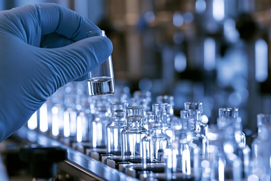 Gloved technician hand lifting single transparent medical vial from automated conveyor inspection line amid rows of identical unmarked glass containers in sterile industrial lab under bright
