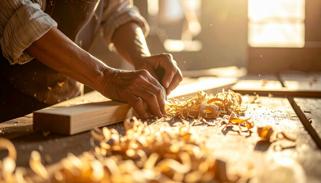 Artisan shaping wood by hand at a workbench surrounded by fresh wood shavings
木くずに囲まれた作業台で木材を手加工する職人