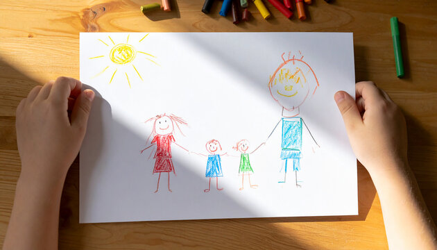 Child drawing a colorful family picture by hand with crayons on a wooden table
木の机でクレヨンを使って家族の絵を描く子どもの手元