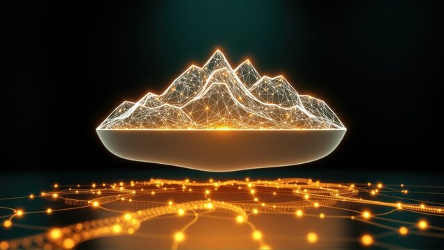 Abstract mountains formed from glowing lines hover above connected points. Dark background emphasizes bright digital landscape.