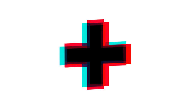 Pixelated black plus sign with red and cyan glitch effect, isolated on transparent background