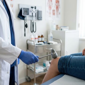 Doctor performing reflex test with hammer on patients knee in examination room