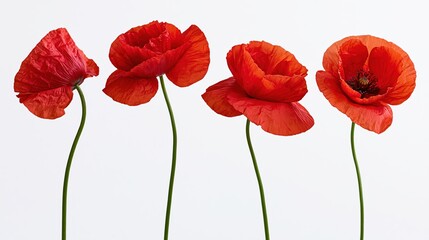 Obraz premium The Red Poppies: Four Delicate Stems in a White Studio Backdrop