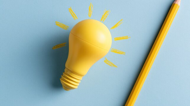 Yellow pencil with lightbulb tip on blue surface, symbolizing idea generation