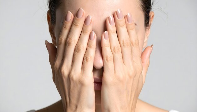 Mujer cubri&eacute;ndose el rostro con ambas manos en primer plano