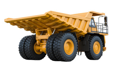 Massive yellow mining dump truck with huge tires, isolated on transparent background © bigpng