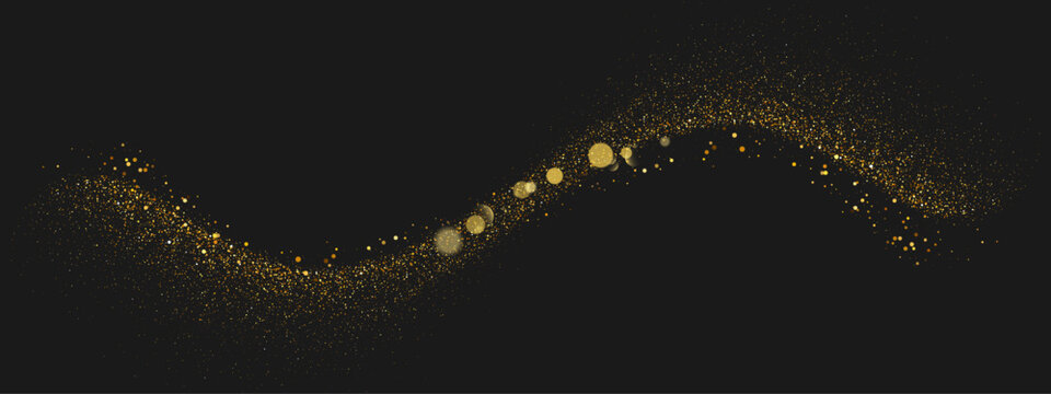 Golden glitter wave illustration. Vector flowing gold dust trail with sparkle stars and glowing light particles on black background, symbolizing luxury, magic, and festive celebration.