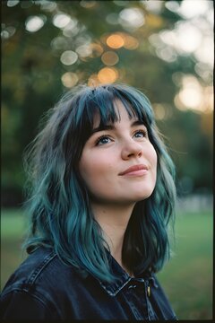 Retrato de primer plano de una joven con cabello azulado y flequillo mirando hacia arriba al aire libre con fondo difuminado y bokeh