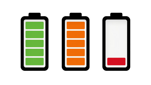 Three battery icons showing full medium and low charge levels, isolated on transparent background