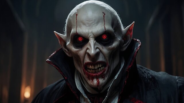 Retrato de criatura vamp&iacute;rica con ojos rojos y colmillos
