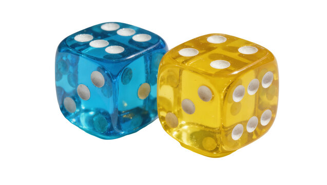 Two transparent dice one blue and one yellow, isolated on transparent background