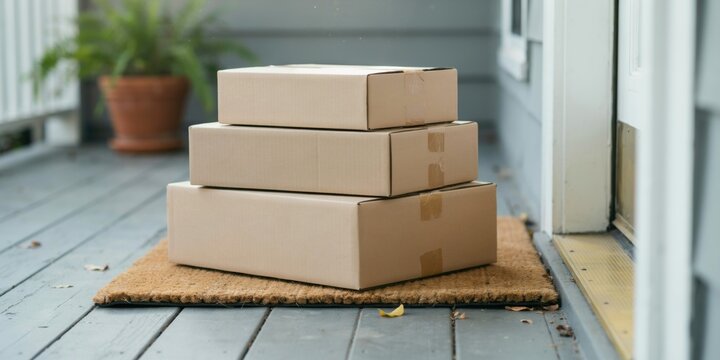 Three stacked cardboard delivery boxes on a porch doormat in front of a house door