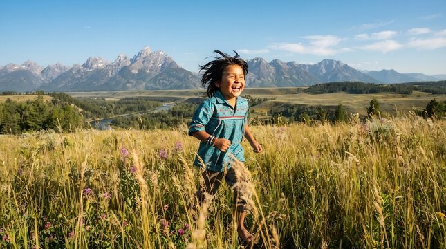 Happy Indigenous Boy Running Through Mountain Meadow