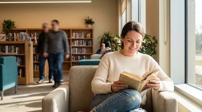 A smiling young woman sits comfortably in a cozy armchair while reading an engrossing paperback book inside a quiet library hall with blurry people walking through the shelves in the distance