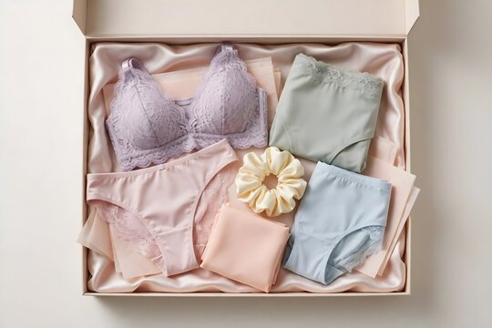 Elegant and soft lingerie gift box revealing a curated collection of delicate lace bra, comfortable briefs, and a stylish scrunchie for everyday luxury