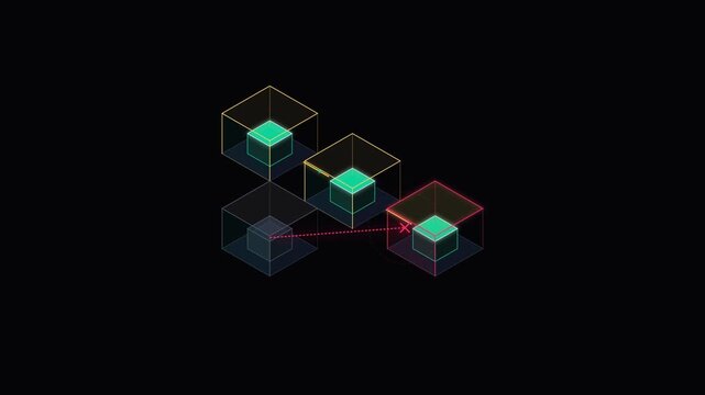 Abstract technology concept with glowing isometric cubes and connection lines on dark background