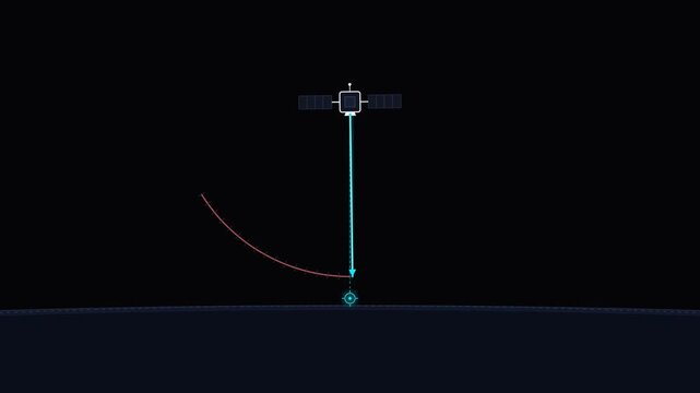 Minimalist digital illustration of a satellite orbiting in space against a dark background