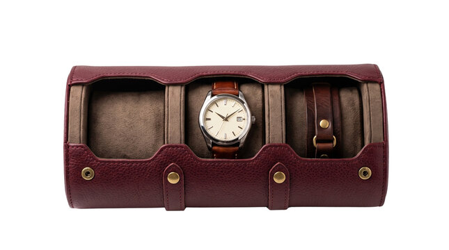 Luxury burgundy leather watch roll with three slots, elegant travel watch case for men's accessories, premium storage organizer for wristwatches