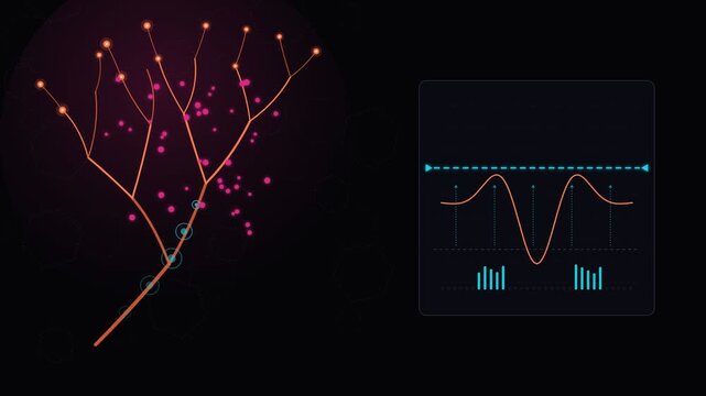 Abstract digital data tree visualization with glowing nodes and chart interface on dark background