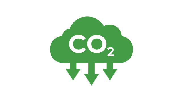 Green carbon dioxide emission reduction vector illustration featuring cloud icon with downward arrows