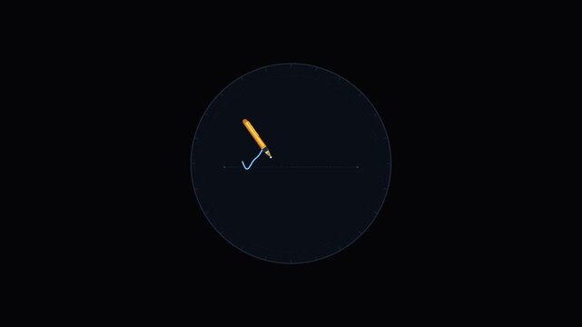 Minimalist graphic animation of a pencil drawing a checkmark inside a circle on dark background