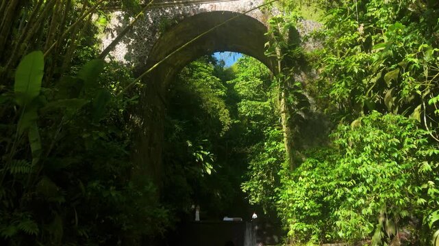Aerial tilt up reveals Moss-covered 19th century stone arch bridge Pont d'Absalon over small stream with waterfall in dense green rainforest along Route de la Trace in Martinique