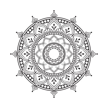 Decorative Mandala Designs in White Black and Burgundy Tones Art. Intricate circular floral mandala line art with fine geometric patterns.