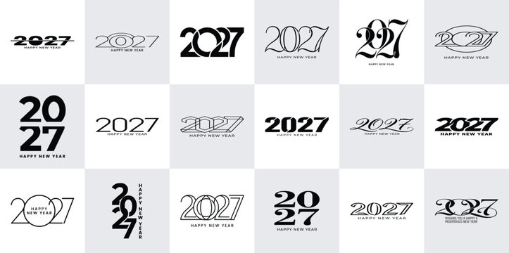 Collection of various black and white 2027 new year designs on a light gray background

