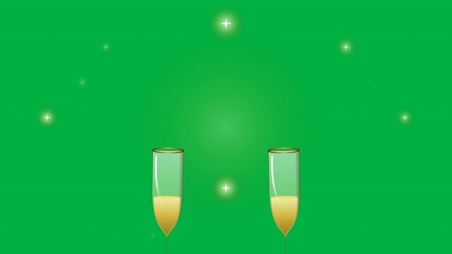 Elegant New Year champagne toast with two clinking golden champagne flutes, fizzy rising bubbles and golden sparkles on a chroma key green screen background, seamless loop