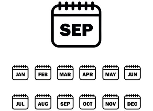 Minimalist black line calendar month icons vector set featuring September isolated on white.