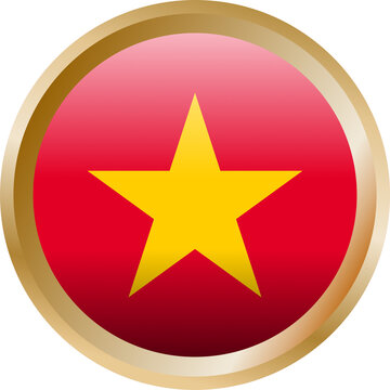 Round glossy vietnam flag gold button badge red yellow star national emblem isolated