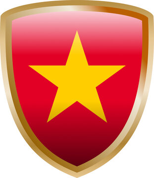 Vietnam flag shield badge red yellow star glossy gold national emblem patriotic icon isolated illustration