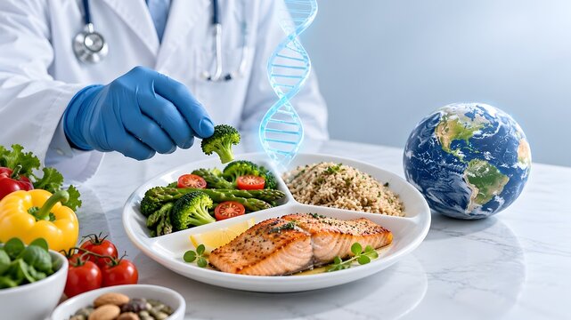 Doctor in blue gloves prepares healthy meal with salmon vegetables and grains symbolizing personalized nutrition and global health awareness with DNA helix and Earth globe.