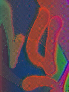 Abstract halftone dot pattern with thick orange graffiti brushstrokes and painterly textures on a blue and magenta background. Pairs with a poster, trippy rave and urban streetwear aesthetic.