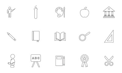 Fototapeta premium Education and School Icon Set with Teacher, Test Tube, Art Palette, Apple, School Building, Pencil, Book, Open Book, Search, Ruler, Student, Blackboard, Notebook, Award and Scissors Vector Illustratio