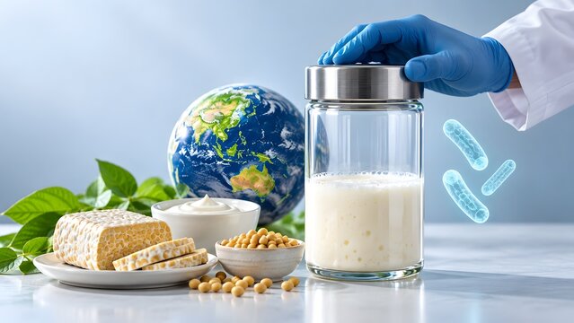 Global production of plant based milk and fermented foods with soybeans tempeh yogurt and probiotics in a laboratory setting with a scientist s hand